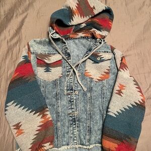 Aztec Pattern Hooded Denim Sweater